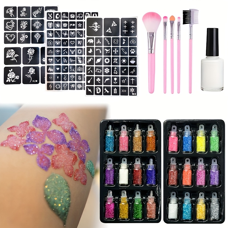 Body Jewelry Glue - 24色グリッター一時的なタトゥーセット、接着剤、テンプレート、メイクブラシ、ボディメイクグリッターセット、ステージグリッターメイクアップが含まれます