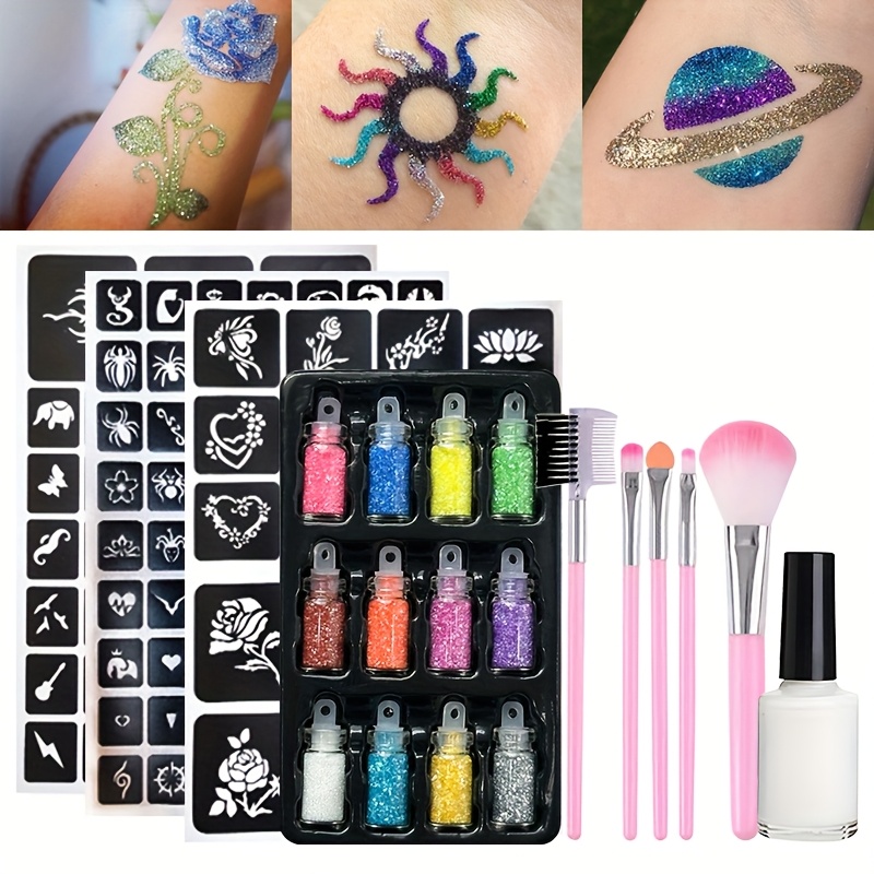 Body Jewelry Glue - 12色の一時的なタトゥーグリッターセット、接着剤、テンプレート、メイクブラシ、一時的なタトゥー、顔と体の装飾が含まれます。