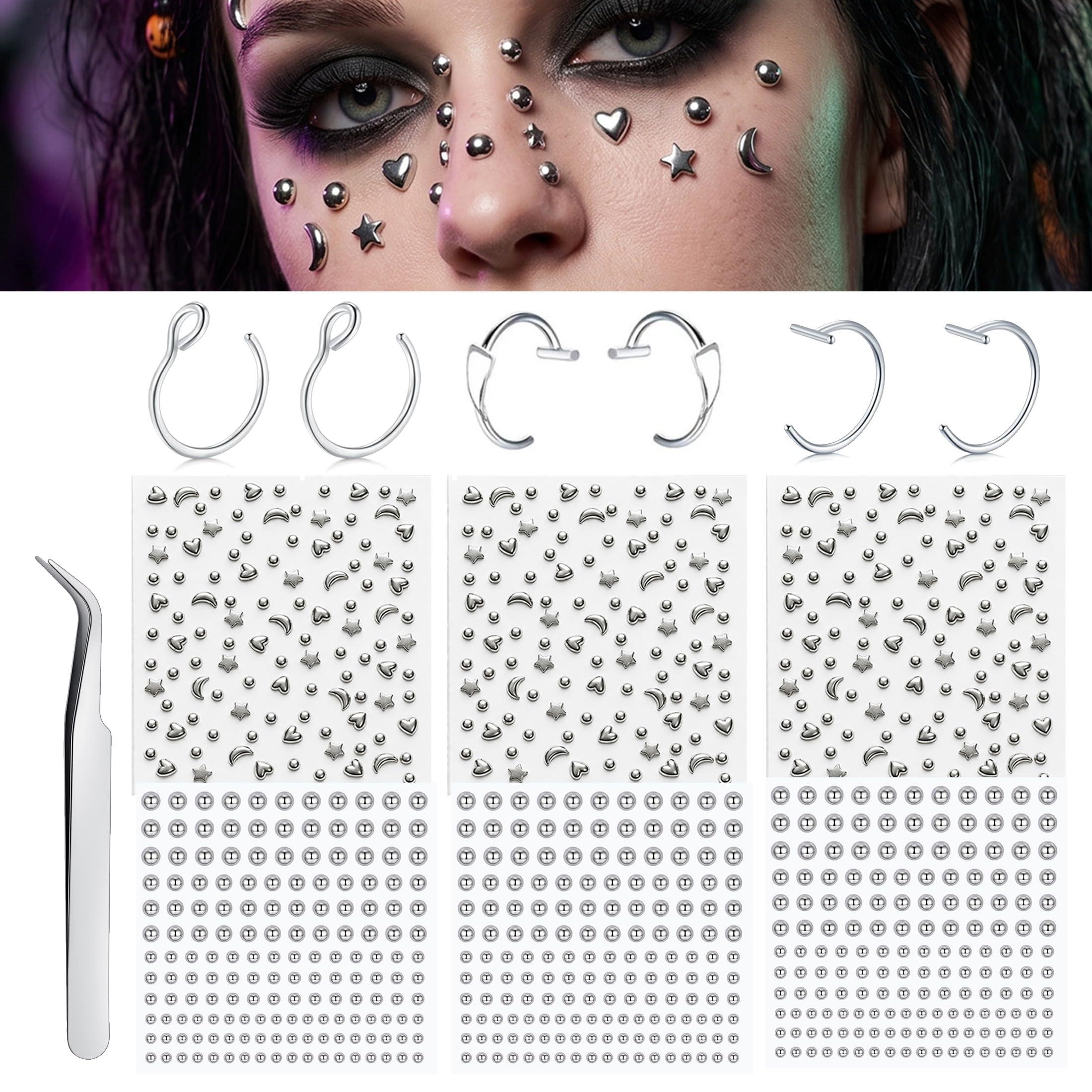 Body Jewelry Piercing - フェイクピアスボール、鼻ピアス、フェイク眉毛、リップフープ、ラブレットスタッド、粘着式スターフェイスジェム、ラインストーンメイクアップステッカー