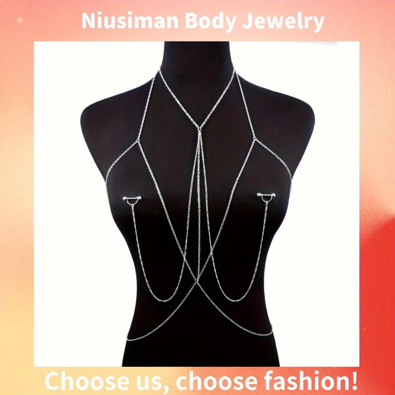 Body Jewelry Nipple Rings - エレガント&セクシーなボディチェーン1個、14Gバーベルニップルリング付き - 女性用の調節可能なチェストジュエリー、パーティーに最適