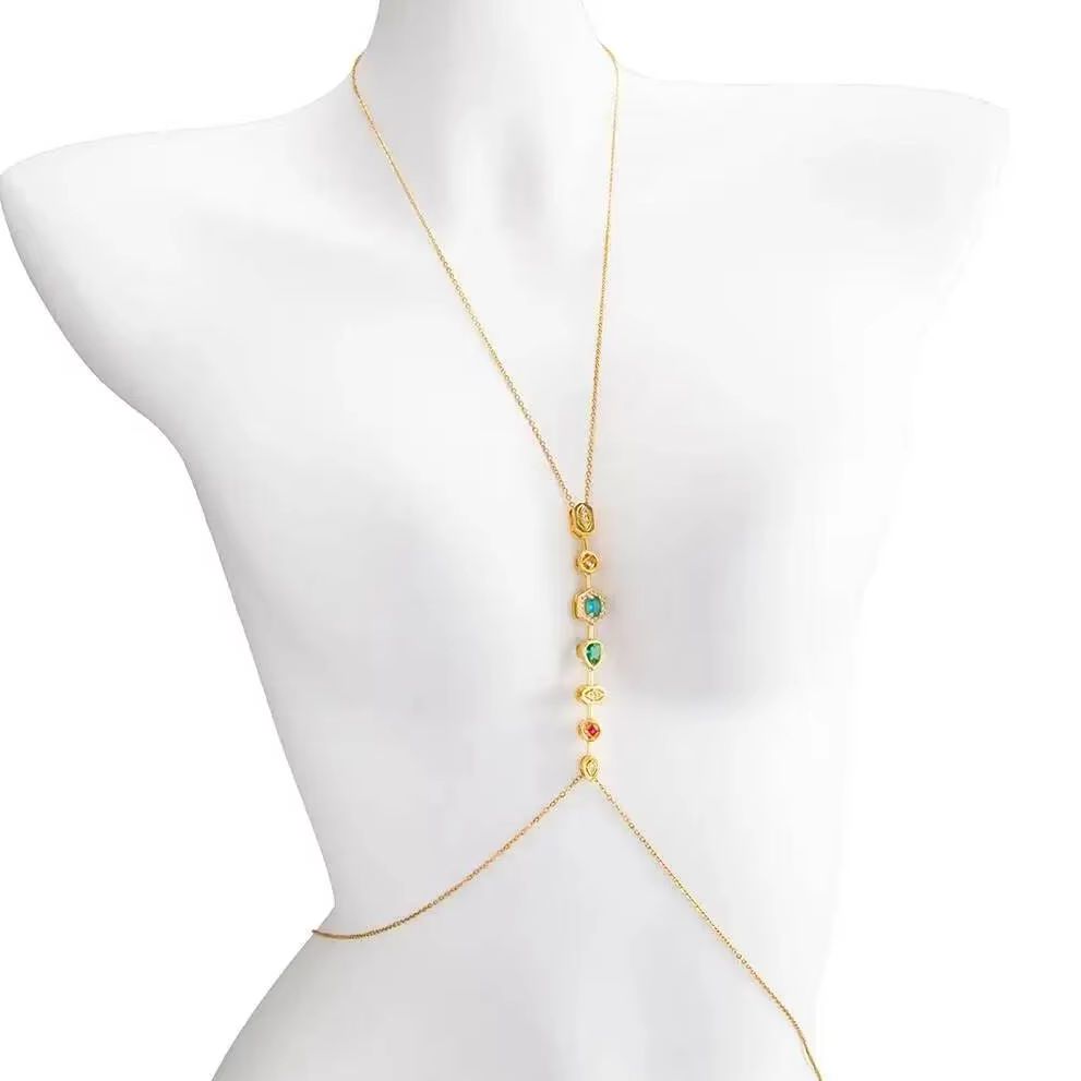 Body Jewelry Chain - PuRui 絶妙なカラフルなジルコンステンレス鋼胸チェーンウエストチェーン女性夏セクシーなビキニ防水ボディジュエリー