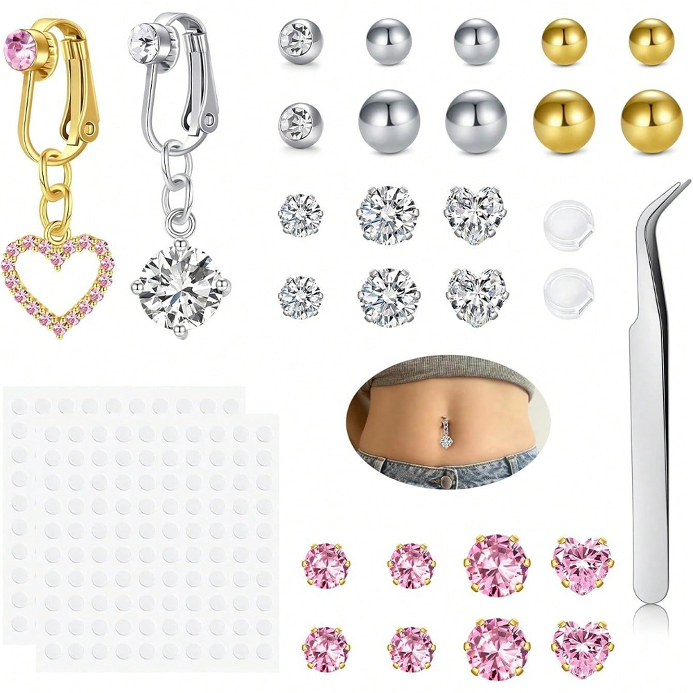 Body Jewelry Piercing - ゴールドフェイクベリーピアス キュービックバタフライ クリップ式ベリーボタンリング 貼り付け式へそピアス スタッドノンピアス フェイクピアスジュエリー