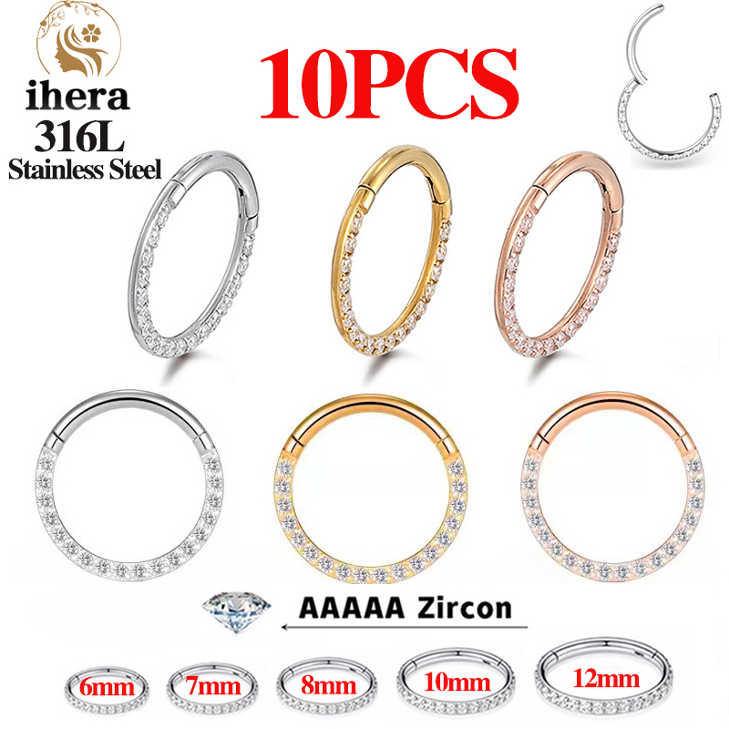 Body Jewelry Nose Studs - 1/10個入り ステンレス製ノーズリング セプタムクリッカー CZジルコン ヒンジ付きセグメント ラウンドイヤリング