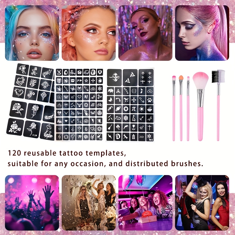 12色の一時的なタトゥーグリッターセット、接着剤、テンプレー - Body Jewelry Glue のレビューと価格