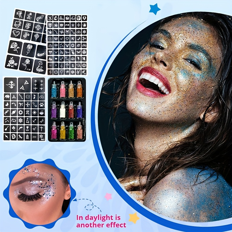 12色の一時的なタトゥーグリッターセット、接着剤、テンプレー - Body Jewelry Glue のレビューと価格