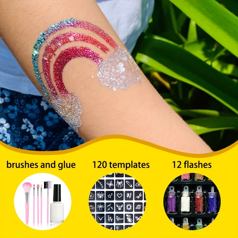12色の一時的なタトゥーグリッターセット、接着剤、テンプレー - Body Jewelry Glue のレビューと価格