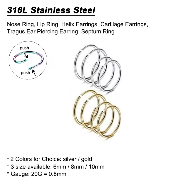6個/ロット 低アレルギー性ノーズリングフープ 316Lサー - Body Jewelry Nose Studs のレビューと価格