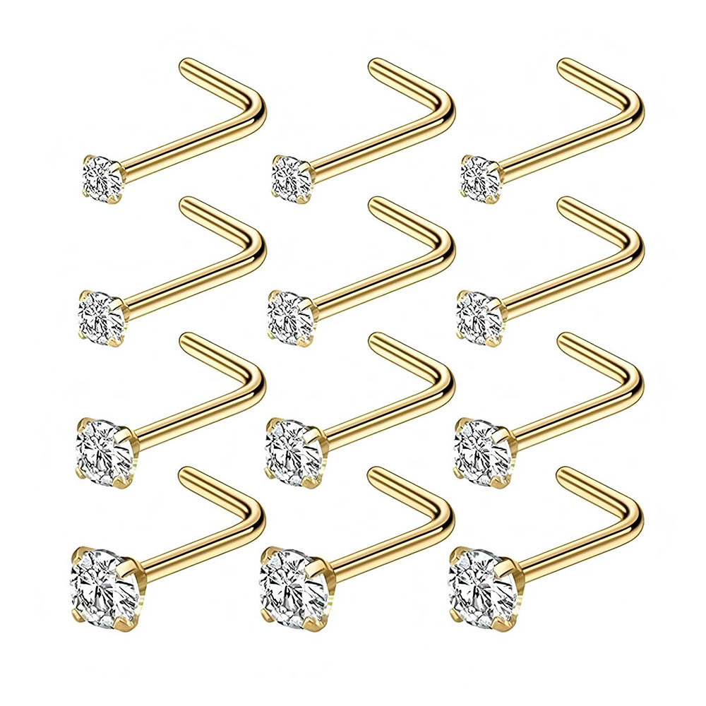 12個入りフルセット 316L低アレルギー性L字型ノーズスタ - Body Jewelry Nose Studs のレビューと価格