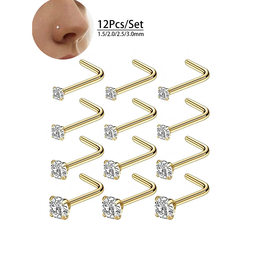 12個入りフルセット 316L低アレルギー性L字型ノーズスタ - Body Jewelry Nose Studs のレビューと価格