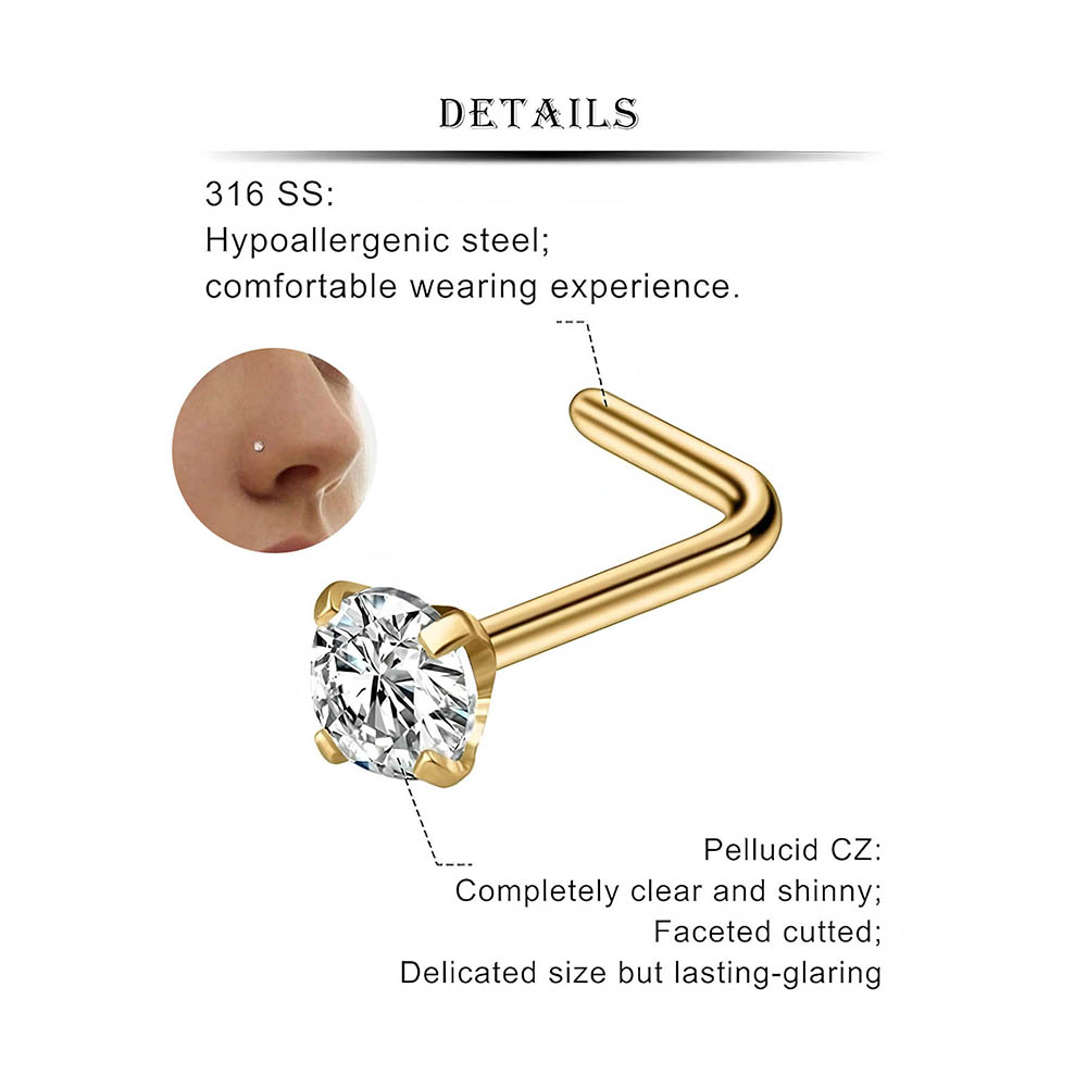 12個入りフルセット 316L低アレルギー性L字型ノーズスタ - Body Jewelry Nose Studs のレビューと価格